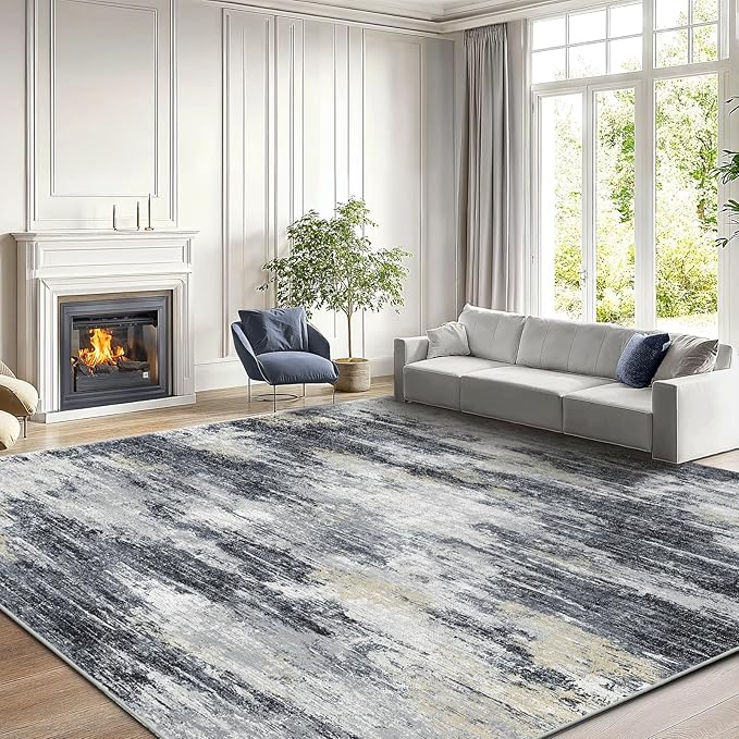 Amada 8x10 Area Rug, Modern Abstract Living Room Rug with Non-Slip Backing & Short Pile, Large Washable Rug with Abstract Pattern for Living Room, Bedroom and Dinning Room, Light Grey-CubbioJoy