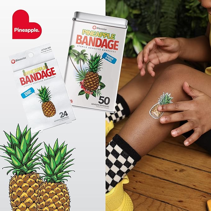 BioSwiss Bandages, Pineapple Shaped Self Adhesive Bandage, Latex Free Sterile Wound Care, Fun First Aid Kit Supplies for Kids, 24 Count-CubbioJoy