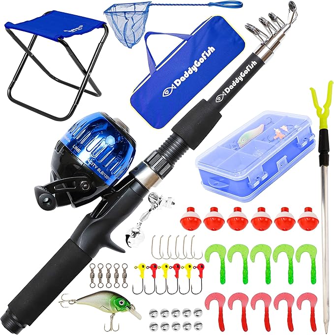 DaddyGoFish Kids Fishing Pole - Rod Reel Combo Tackle Box Starter Set - First Year Small Dock Gear Kit for Boys Girls Toddler Youth Age Beginner Little Children Junior Anglers Older Kids-CubbioJoy
