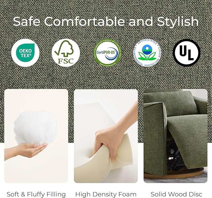 CHITA Swivel Rocker Recliner Chair, Power Nursery Glider Recliner, Nursery Rocking Chair with Adjustable Power Headrest, FSC Certified, Solid Wood Base, Moss Green-CubbioJoy