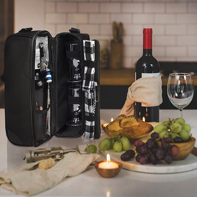 ALLCAMP Wine Bag - Insulated Cooler Bag with Wine Glasses, Bottle Opener & Wine Accessories for Wine Lovers - Portable Wine Gift Bag for Travel, Picnics, and Gift Ideas(Black)-CubbioJoy