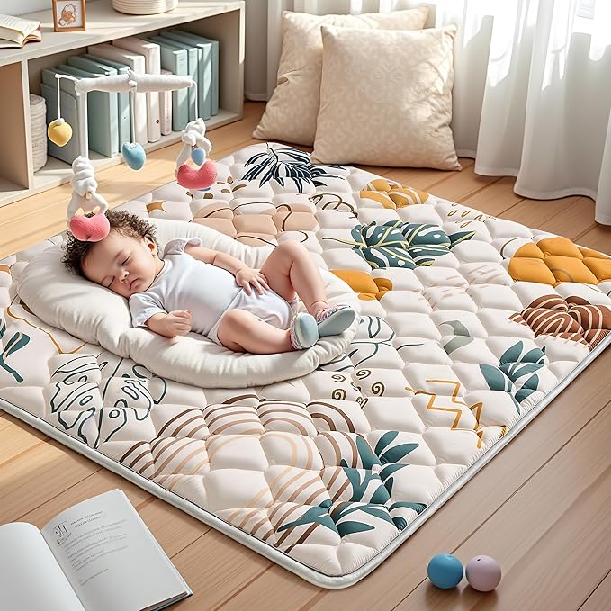Baby Play Mats for Floor, 50x50 Playpen Mat for Babies, Extra Thicker & Soft Floor Crawling Mat, Foldable Non-Slip Playmat Cushioned for Infants Toddlers, Boho Leaf Style-CubbioJoy