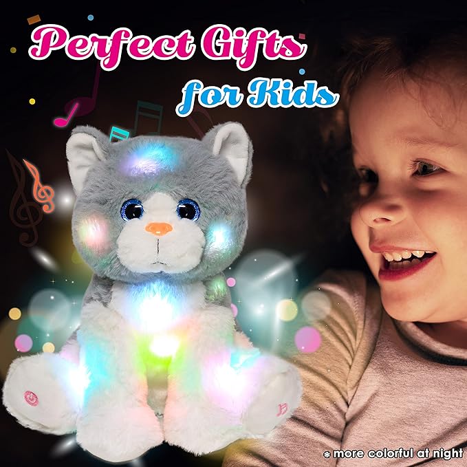 Cuteoy Light-up Singing Plush Cat LED Musical Kitty Stuffed Animal Adjustable Volume Lullaby Plushies Birthday Christmas Toy Gifts for Kids Toddler Girls, 10.5"-CubbioJoy
