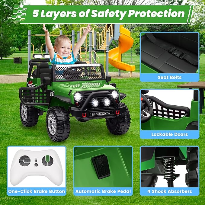 24V 4WD Ride on Truck Car w/800W Motors, Gift Flower, Remote Control, 2 Seaters, Light Bar, 3 Speeds, Pop Music, Power Four Wheels, 24 Volt Ride on Toy Car for Big Kids, Green-CubbioJoy