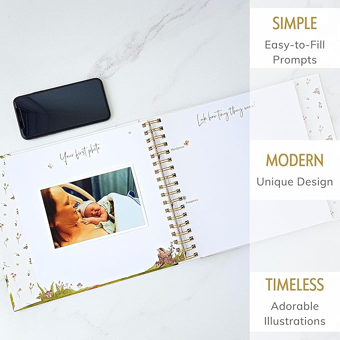 Baby Memory Book for Girl or Boy - First 5 Year Unisex Woodland Animal Keepsake to Log New Born 1st Milestone - Gender Neutral Photo Album - Parent Scrapbook Journal - Pregnancy Gift for Expecting Mom-CubbioJoy