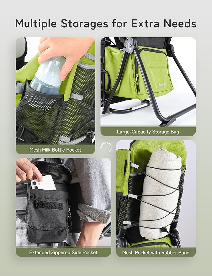 besrey Baby Backpack Carrier, Toddler Hiking Backpack with Safety 3-Height Seat, Adjustable Straps&Waist Belt, Foldable Frame Lightweight Large Capacity Child Carrier for Hiking (Green)-CubbioJoy