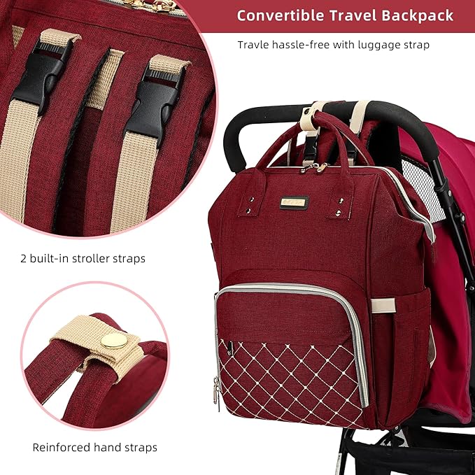 Diaper Bag Backpack, Diaper Bags for Baby Girls Boys, Baby Bags for Moms Dads, Nappy Changing Bag with Insulated Pockets,Multi-functional Waterproof Backpack with Stroller straps-Red-CubbioJoy