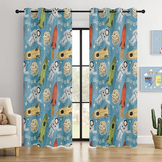 Kids Astronaut and Rocket Blackout Curtains - 100% Blackout, Thermal Insulated, Noise Reducing, Bring The Cosmos Closer to Your Kid’s Room, 2 Panels (Moonbound Adventure, W52×L84)-CubbioJoy