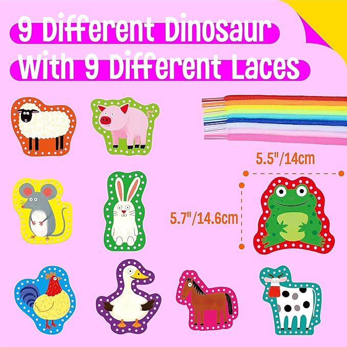 9 Pieces Kids Lacing Cards, Double Sided Sewing Cards in 9 Farm Themed Cards with 9 Colorful Laces, Imagination Development Lacing Toys Games for Children Educational and Learning Activity-CubbioJoy