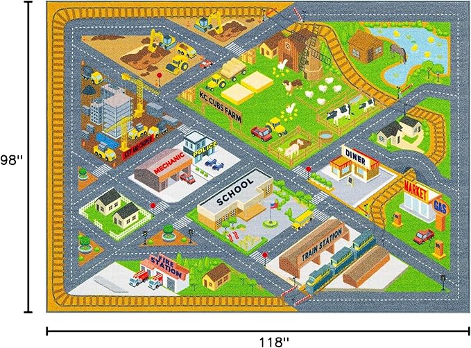 KC Cubs 8x10 Country Farm Construction Car Road Street Rug – Educational Carpet Play Mat for Kids, Toddlers Nursery, Classroom, Playroom, Baby Daycare-CubbioJoy