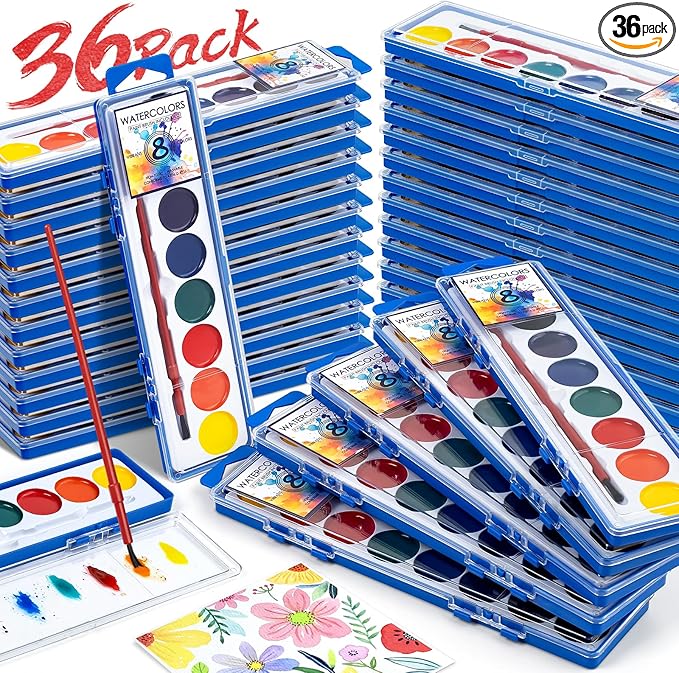 36 Pack Watercolor Paint Set Bulk,8 Colors Washable WaterColor Paint for Kids, Water Color Paint with Brushes, Ideal Gift for Party Favors, Art Supplies for School Classroom Home-CubbioJoy