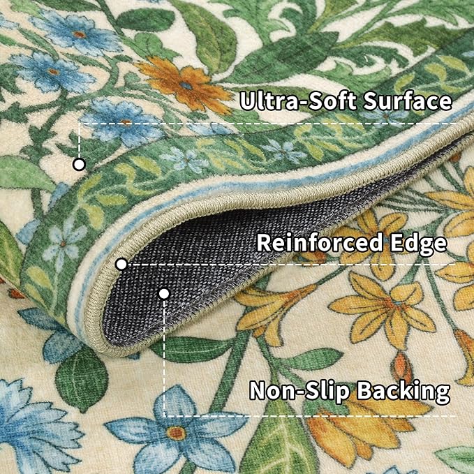 5×7 Grass Green Washable Floral Area Rug,Vintage Boho Soft Low-Pile Living Room Rugs, Stain Resistant Botanical Non-Slip Carpet for Bedroom,Dining Room, Kids Nursery,Home Decor-CubbioJoy