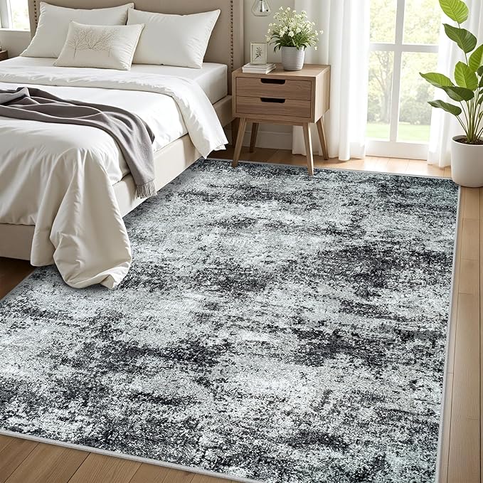 Area Rug Living Room Rugs: 5x7 Abstract Washable Rugs Ultra Soft Carpets with Non-Slip Backing Stain Resistant Carpet for Dining Room Table Bedroom Nursery Indoor Home Office Dark Black/Gray-CubbioJoy