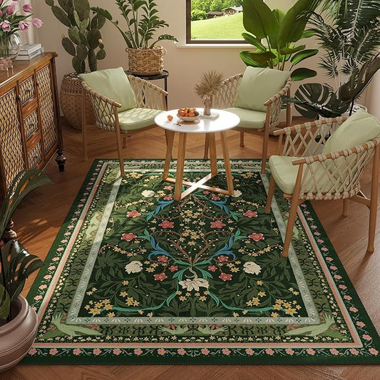 Area Rug 4x6 Rug Washable Vintage Floral Botanical Rugs Non Slip Low Pile Small Carpet for Bedroom, Bedside, Kids Room, Office, Dining Room, Green-CubbioJoy