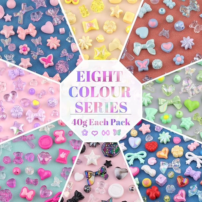 Assorted 400PCS 8 Mixed Colors Acrylic Beads for Bracelet Making, Flower Bow Butterfly GummyBear Aesthetic Bracelet Charms,Cute Beads for Jewelry Making DIY Necklace Keychain Phone Charm-CubbioJoy