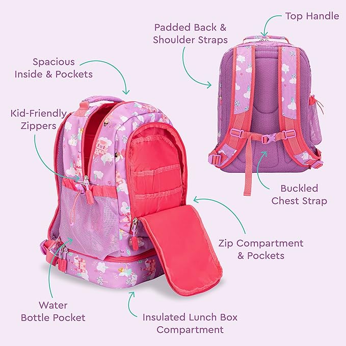 Bentgo Kids 2-in-1 Backpack & Insulated Lunch Bag - Durable 16” Backpack & Lunch Container in Unique Prints for School & Travel - Water Resistant, Padded & Large Compartments (Fairies)-CubbioJoy