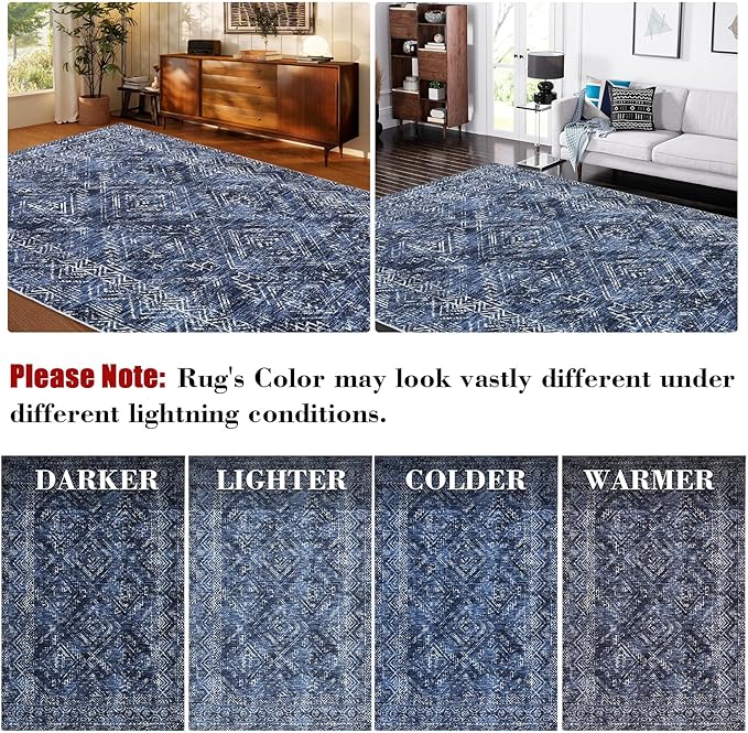 COZYLOOM 4x6 Area Rug for Living Room Bedroom Playroom Nursery Vintage Non Slip Low Pile Rug Soft Throw Floor Cover Geometric Tribal Foldable Indoor Carpet, Blue-CubbioJoy