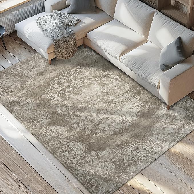 jinchan Vintage Floral 4x6 Area Rugs - Machine Washable Distressed Design Soft Ultra-Thin Low-Pile Non-Slip Carpet for Entryway Kitchen Bedroom Nursery Living Room Dining Room (4x6ft,Brown)-CubbioJoy