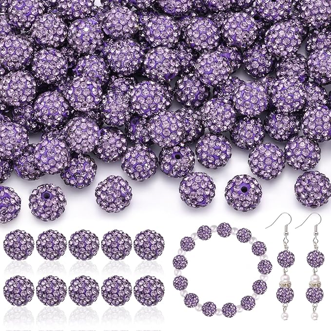 160pcs 10mm Rhinestone Beads for Jewelry Making, Purple Shiny Round Disco Ball Beads Bulk, Sparkle Crystal Clay Christmas for Bracelet Baseball Necklace Earring Crafting and DIY-CubbioJoy
