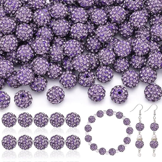 160pcs 10mm Rhinestone Beads for Jewelry Making, Purple Shiny Round Disco Ball Beads Bulk, Sparkle Crystal Clay Christmas for Bracelet Baseball Necklace Earring Crafting and DIY-CubbioJoy