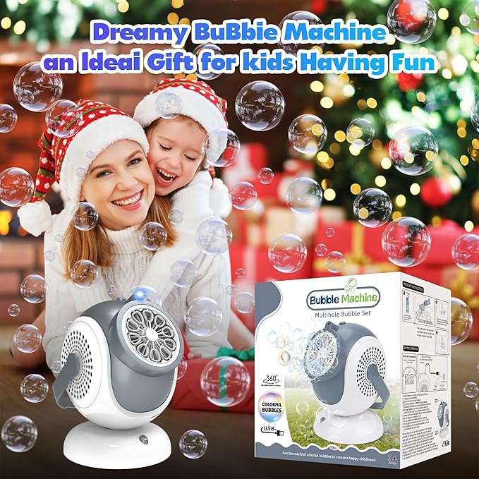 Big Bubble Machine - Automatic Bubbles Blower for Kids, Toddlers - 360° Oscillation & 75° Adjustment, Bubble Toys with LED Light - Gifts for Boys, Girls, Easter, Outdoor, Birthday, Party Use-CubbioJoy