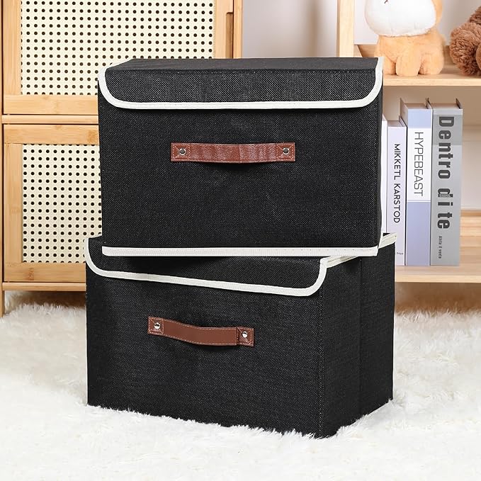 ANMINY 4PCS Storage Bins with Lid PU Leather Handles Storage Boxes PP Plastic Board Decorative Foldable Lidded Cotton Linen Fabric Home Cubes Baskets Closet Organizer Containers - Black, Large Size-CubbioJoy