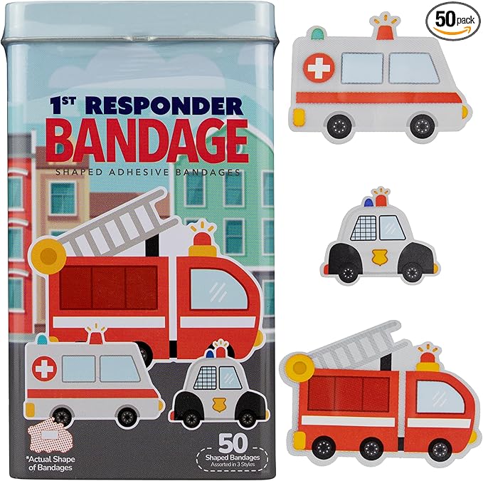 BioSwiss Bandages, First Responders Shaped Self Adhesive Bandage, Latex Free Sterile Wound Care, Fun First Aid Kit Supplies for Kids and Adults, 50 Count-CubbioJoy