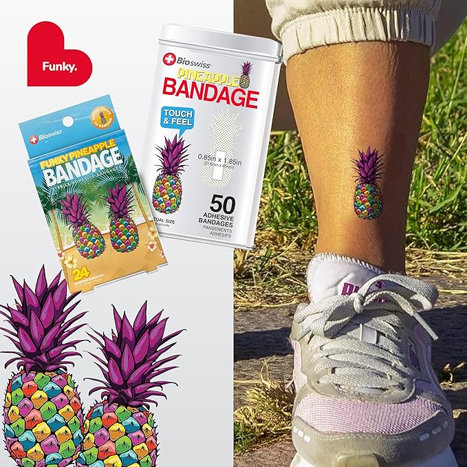 BioSwiss Bandages, Funky Pineapple Shaped Self Adhesive Bandage, Latex Free Sterile Wound Care, Fun First Aid Kit Supplies for Kids, 24 Count-CubbioJoy
