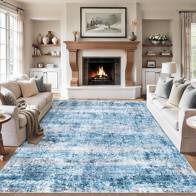 6x9 Area Rugs for Living Room - Washable Rug Modern Abstract Soft Large Neutral Non-Slip Carpet Indoor Floor Thin Carpets for Bedroom Dining Room Farmhouse Nursery Home Office Blue Grey-CubbioJoy