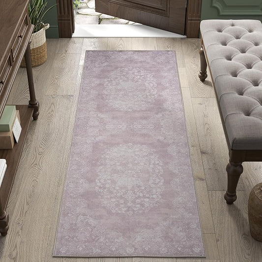 jinchan Vintage Floral Runner Rug 2x5 - Machine Washable Distressed Design Non-Slip Low-Pile Soft Thin Carpet for Hallway Kitchen Farmhouse Bedroom Entryway Laundry Room (2x5ft,Orchid)-CubbioJoy