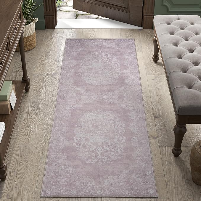 jinchan Vintage Floral Runner Rug 2x7 - Machine Washable Distressed Design Non-Slip Low-Pile Soft Thin Carpet for Hallway Kitchen Farmhouse Bedroom Entryway Laundry Room (2x7ft,Orchid)-CubbioJoy