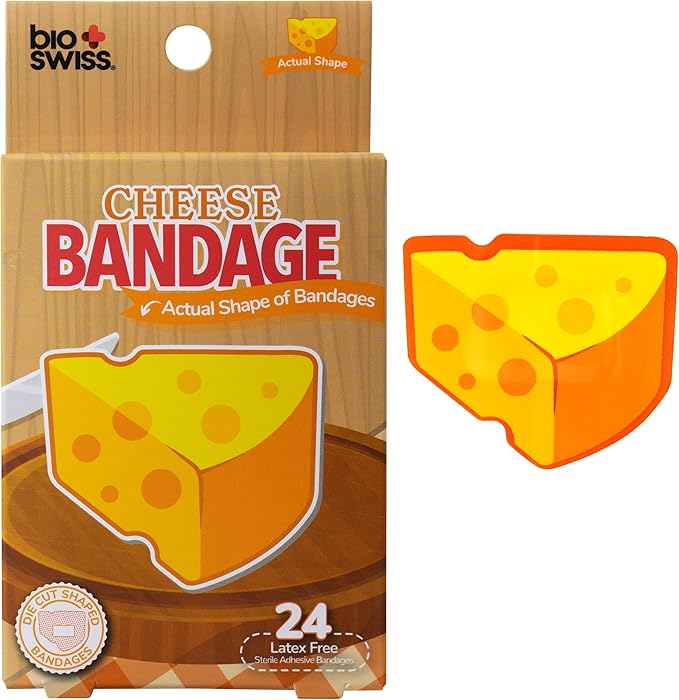 BioSwiss Bandages, Cheese Shaped Self Adhesive Bandage, Latex Free Wound Care, Fun First Aid Kit Supplies for Kids and Adults, 24 Count-CubbioJoy