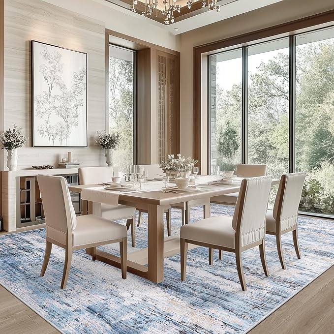 9x12 Area Rug Living Room Rugs - Washable Rug Large Modern Abstract Soft Thin Carpets Indoor Floor No Slip Vintage Carpet for Bedroom Under Dining Table Nursery Home Office Decor Blue-CubbioJoy