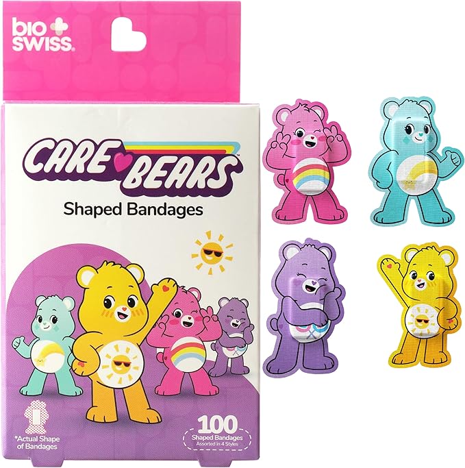 BioSwiss Care Bears Bandages, Unlock The Magic Care Bear Shaped Self Adhesive Bandage, Latex Free Sterile Wound Care, Fun First Aid Kit Supplies for Kids, 100 Count-CubbioJoy