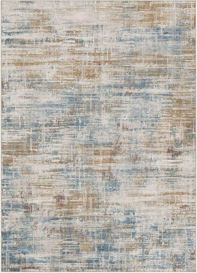 Area Rug for Living Room: 9x12 Washable Neutral Abstract Modern Soft Rugs Non Slip Indoor Floor Stain Resistant Large Carpet for Bedroom Dining Room Office Nursery - Blue Brown-CubbioJoy