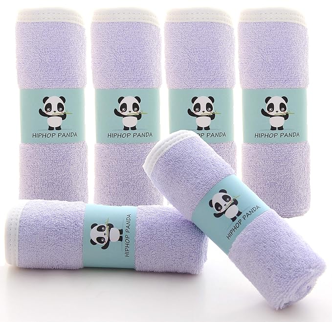 HIPHOP PANDA Baby Washcloths, Rayon Made from Bamboo - 2 Layer Ultra Soft Absorbent Newborn Bath Face Towel - Reusable Baby Wipes for Delicate Skin - Purple, 6 Pack-CubbioJoy