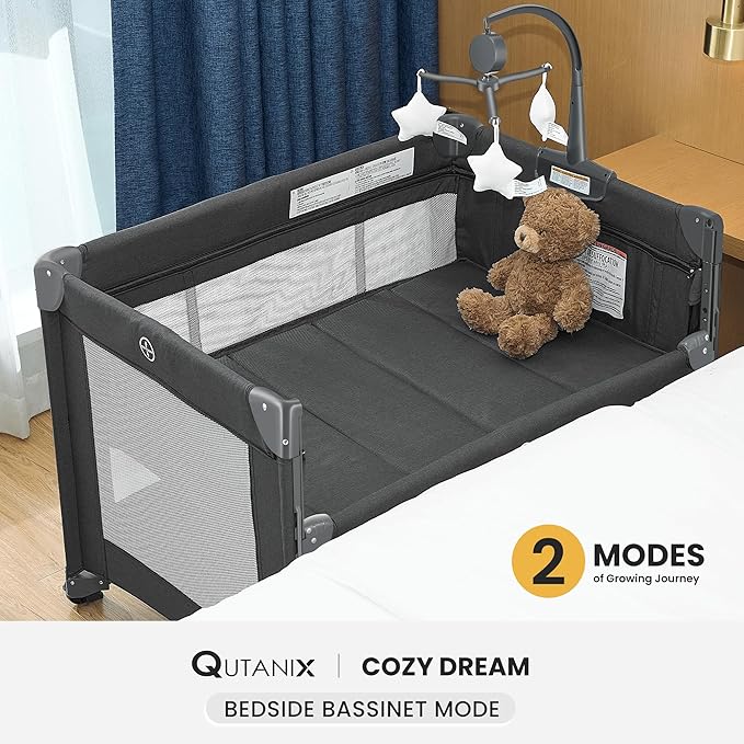 2-in-1 Pack and Play with Mattress,Baby Bassinet Bedside Sleeper, Bedside Bassinet & Baby Playpen, Easy Folding Portable Crib for Newborn to Toddlers (Dark Grey)-CubbioJoy