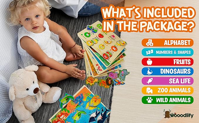 7 Pack Wooden Puzzles for Toddlers 2 3 4 5 Years Old - 7 Colorful Chunky Wood Peg Puzzles for Kids Ages 2-5, Alphabet Shape Numbers Fruits Sea Animals Dinosaur Zoo - Educational Toddler Learning Toys-CubbioJoy