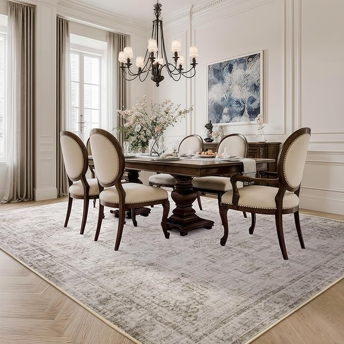 6x9 Washable Area Rug for Living Room, Non-Slip Distressed Rugs for Bedroom Dinning Room, Ultra-Thin Indoor Non-Shedding Vintage Print Carpet for Farmhouse, Home Office, Dorm Light Taupe/Cream-CubbioJoy