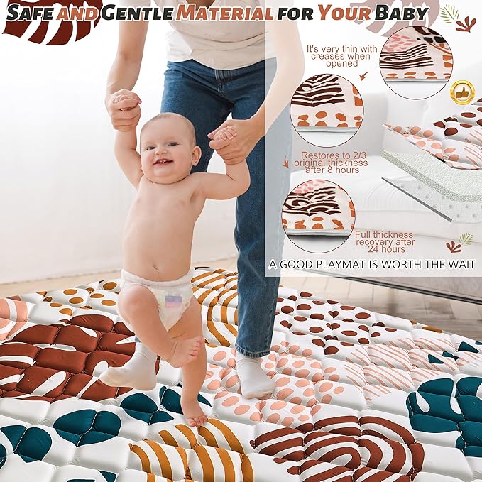 Baby Play Mats for Floor, 43x43 Playpen Mat for Babies, Extra Thicker & Soft Floor Crawling Mat, Foldable Non-Slip Playmat Cushioned for Infants Toddlers, Boho Leaf Design-CubbioJoy