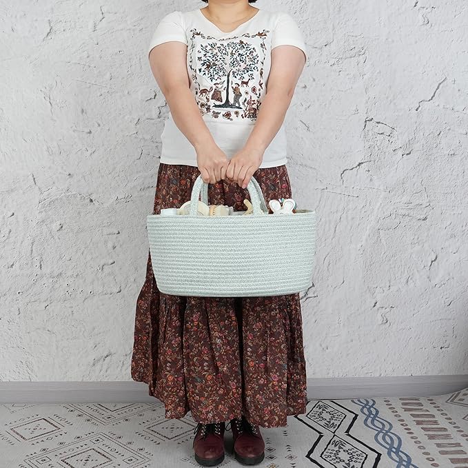 Diaper Caddy Organizer Cotton Rope Baby Basket Nursery Storage and Portable Tote Bag for Car Ideal Baby Shower Gifts and Registry Must-Have for Newborn Essentials Large light green-CubbioJoy