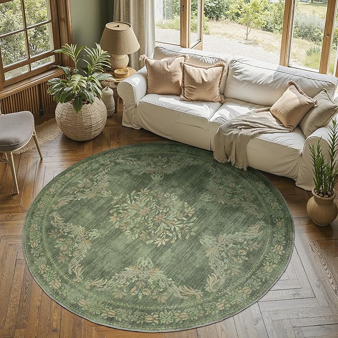 jinchan Round Rug 6ft Area Rugs Vintage Floral Distressed Design,Machine Washable Soft Non-Slip Low-Pile Ultra-Thin Circle Rug for Bedside Living Room Dining Room Bedroom (6' Round, Dark Green)-CubbioJoy