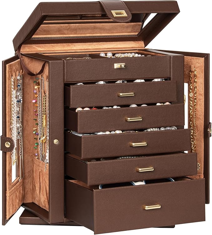 AKOZLIN 360° Rotating Jewelry Box 6-Tier Organizer Functional Jewelry Storage Case for Women Girls Ring Necklace Earring Bracelet Holder with Mirror Brown-CubbioJoy