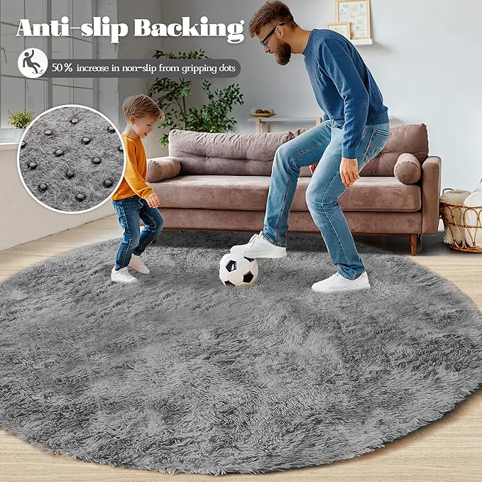 4FT Round Rug for Bedroom: Fluffy Shag Soft Washable Rugs Circle Small Fuzzy Plush Indoor Carpet for Living Room Nursery Playroom Dorm Kids Girls Boys Room (Dark Grey, 4'x4')-CubbioJoy