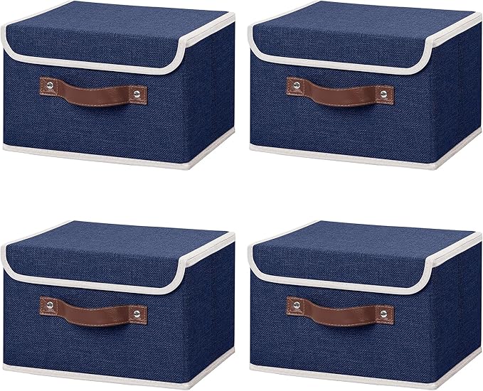 ANMINY 4PCS Storage Bins with Lid PU Leather Handles Storage Boxes PP Plastic Board Decorative Foldable Lidded Cotton Linen Fabric Home Cubes Baskets Closet Organizer Containers - Blue, Small Size-CubbioJoy