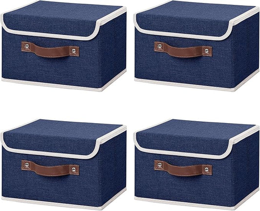 ANMINY 4PCS Storage Bins with Lid PU Leather Handles Storage Boxes PP Plastic Board Decorative Foldable Lidded Cotton Linen Fabric Home Cubes Baskets Closet Organizer Containers - Blue, Small Size-CubbioJoy