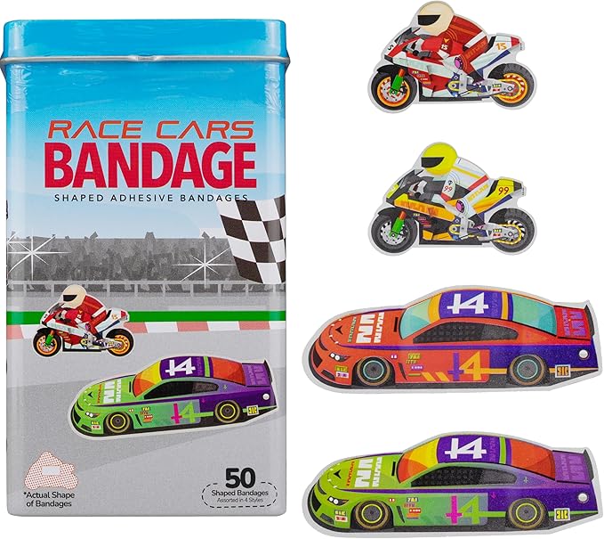 BioSwiss Bandages, Race Cars Shaped Self Adhesive Bandage, Latex Free Sterile Wound Care, Fun First Aid Kit Supplies for Kids and Adults, 50 Count-CubbioJoy