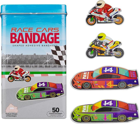 BioSwiss Bandages, Race Cars Shaped Self Adhesive Bandage, Latex Free Sterile Wound Care, Fun First Aid Kit Supplies for Kids and Adults, 50 Count-CubbioJoy