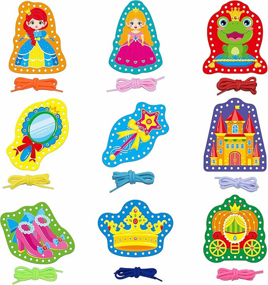 9 Pieces Kids Lacing Cards, Double Sided Sewing Cards in 9 Princess Theme Cards with 9 Colorful Laces, Imagination Development Lacing Toys Games for Children Educational and Learning Activity-CubbioJoy