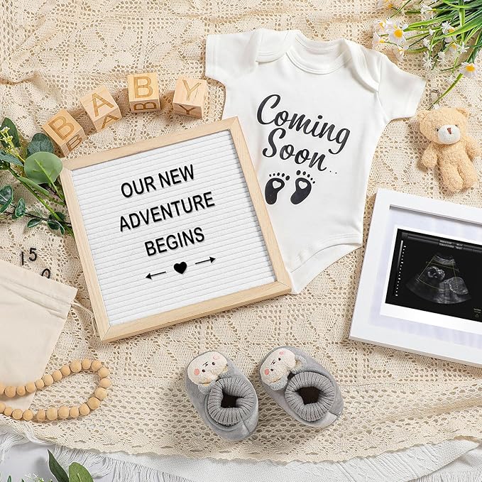 9 Pcs Pregnancy Announcement Set Pregnancy Reveal Ideas Felt Letter Board Baby Bodysuit Baby Booties Photo Frame Bear Plush Baby Wood Blocks for Coming Soon Baby Announcement (White,Bright)-CubbioJoy